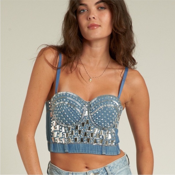 Denim Rhinestone Bustier Bra Top - Picture 1 of 5